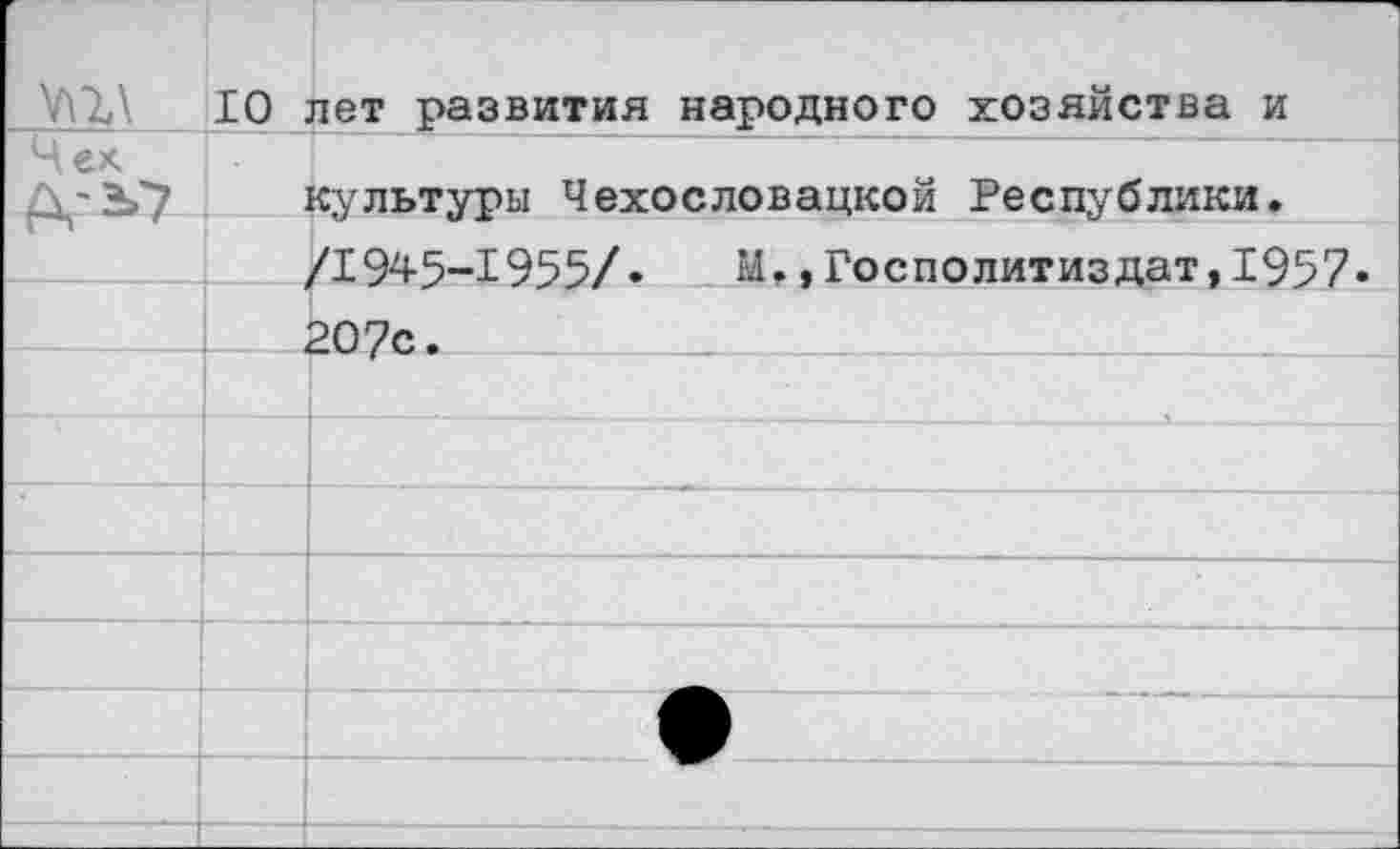 ﻿10 лет развития народного хозяйства и
Ч ех.
культуры Чехословацкой Республики.
/1945-1955/«	М.,Госполитиздат,1957«
207с.